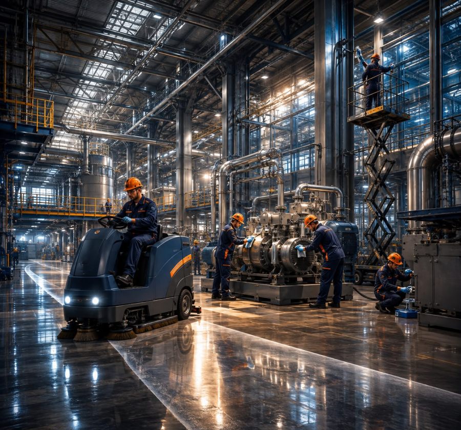 Industrial cleaning crew servicing a production facility