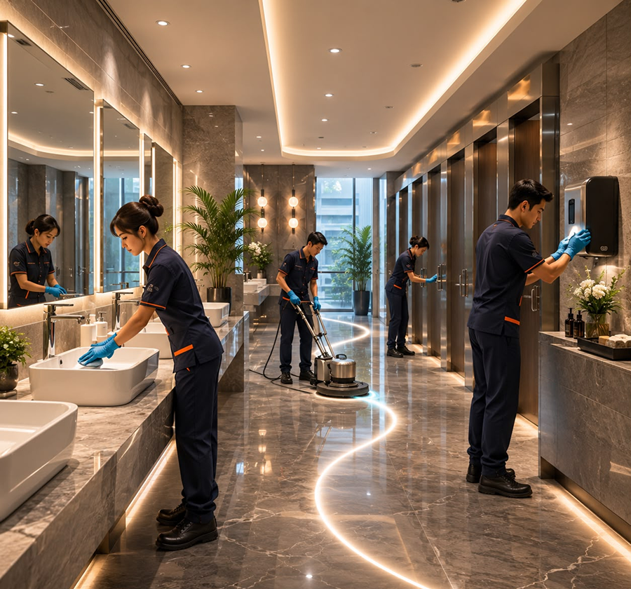 Cleaning staff sanitising a commercial washroom